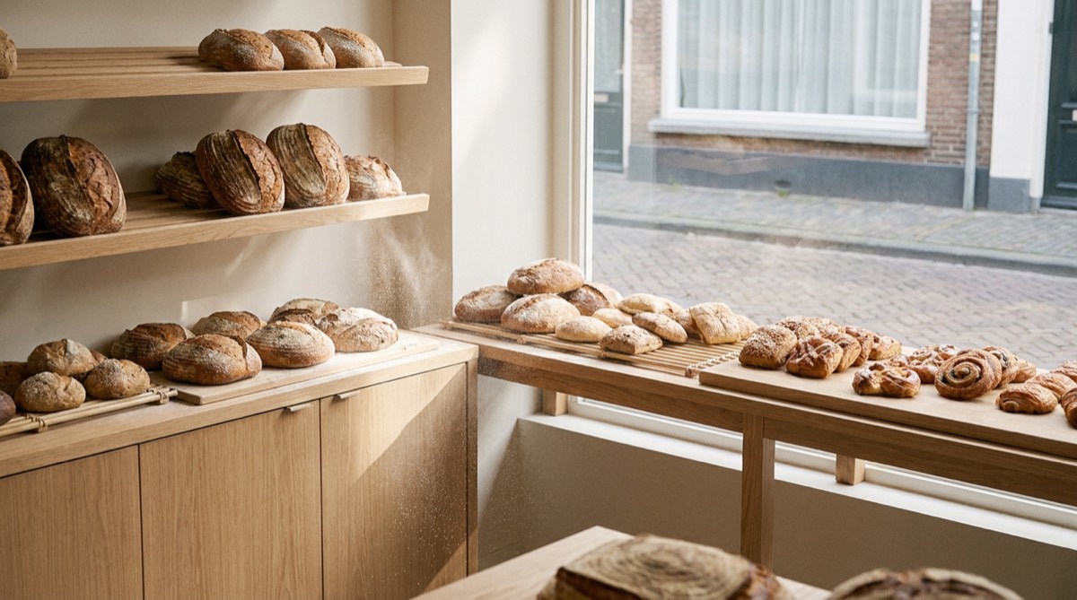 Uitsnede van een fictieve bakkerijwebsite: broden op eiken schappen bij het winkelraam.